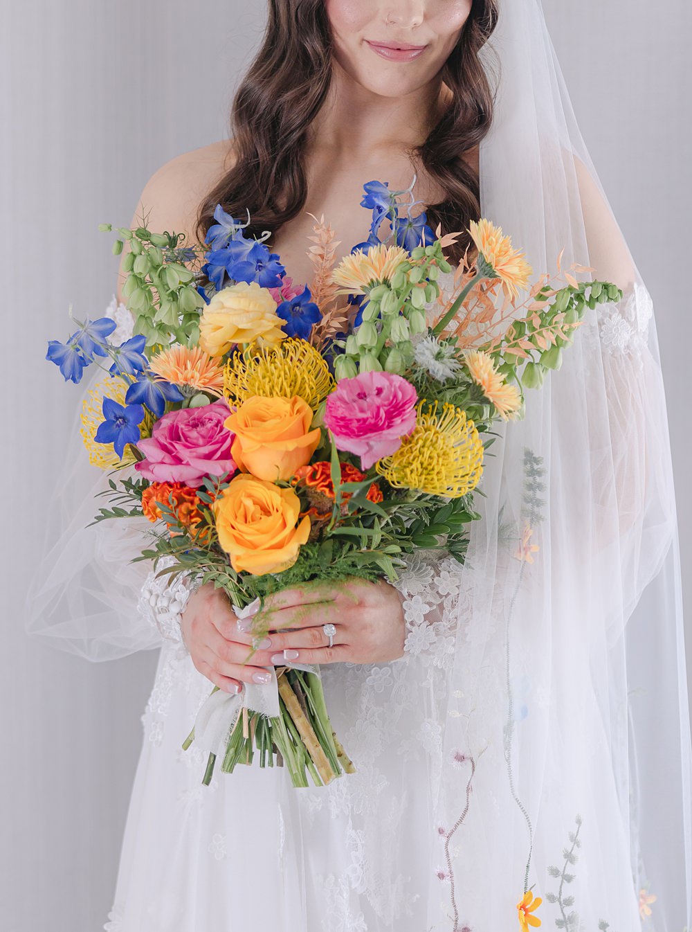 Colourful Bright Bouquet Bride Flowers Yellow Pink Blue Flixton House Wedding Karl Joane Photography
