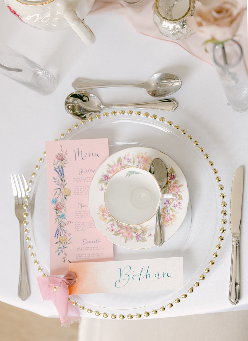 Place Setting Menu Place Name Tea Cup Decor Flixton House Wedding Karl Joane Photography
