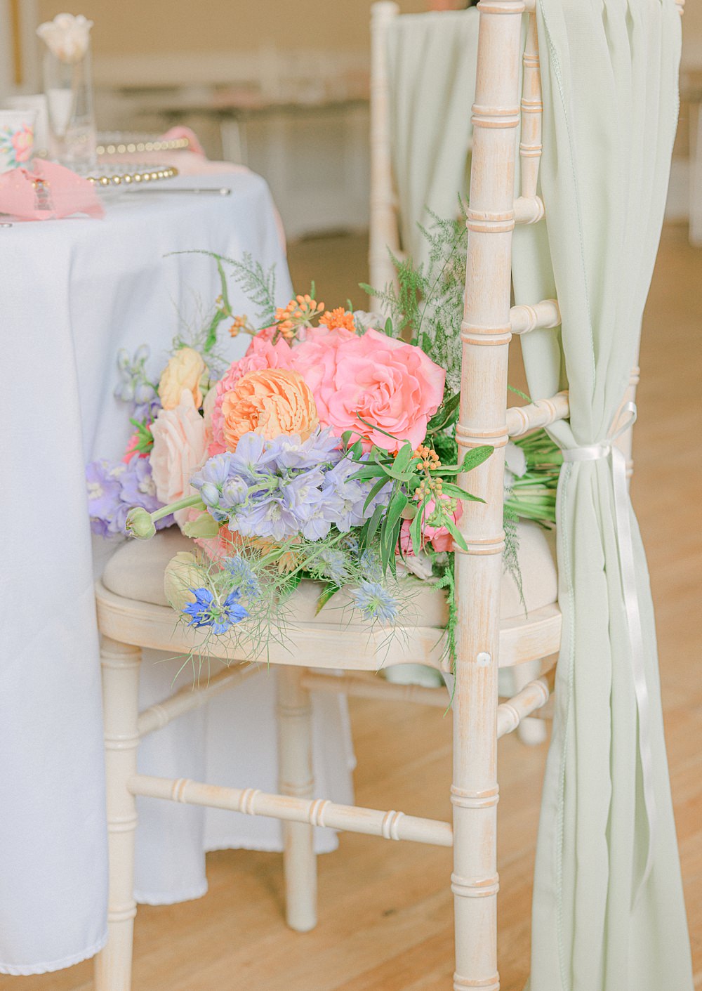 Pretty Pastel Bouquet Flowers Chair Flixton House Wedding Karl Joane Photography