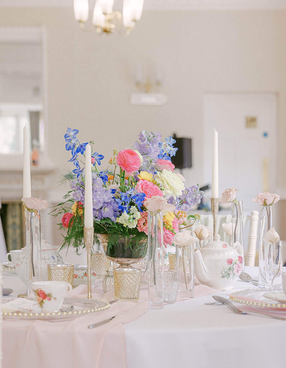 Centrepiece Flowers Decor Candles Round Table Flixton House Wedding Karl Joane Photography