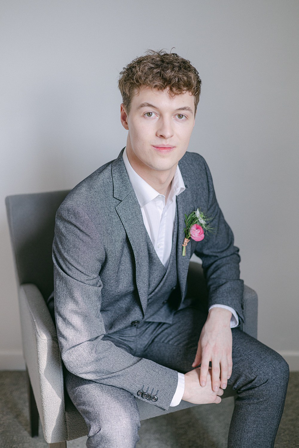 Groom Grey Suit Open Collar Flixton House Wedding Karl Joane Photography
