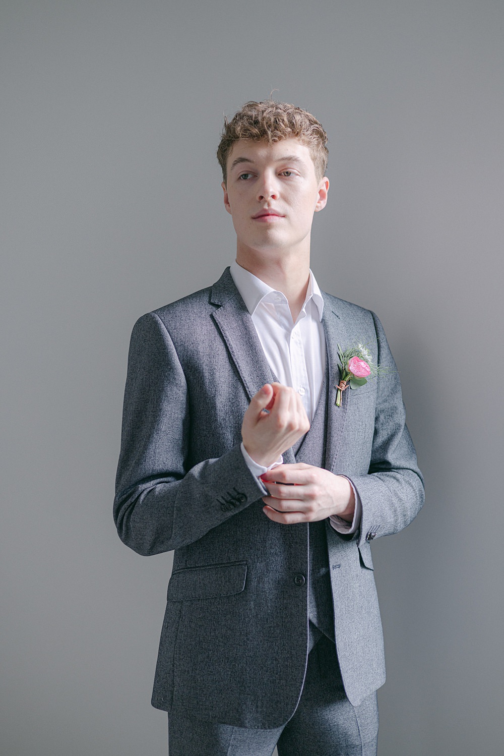 Groom Grey Suit Open Collar Flixton House Wedding Karl Joane Photography