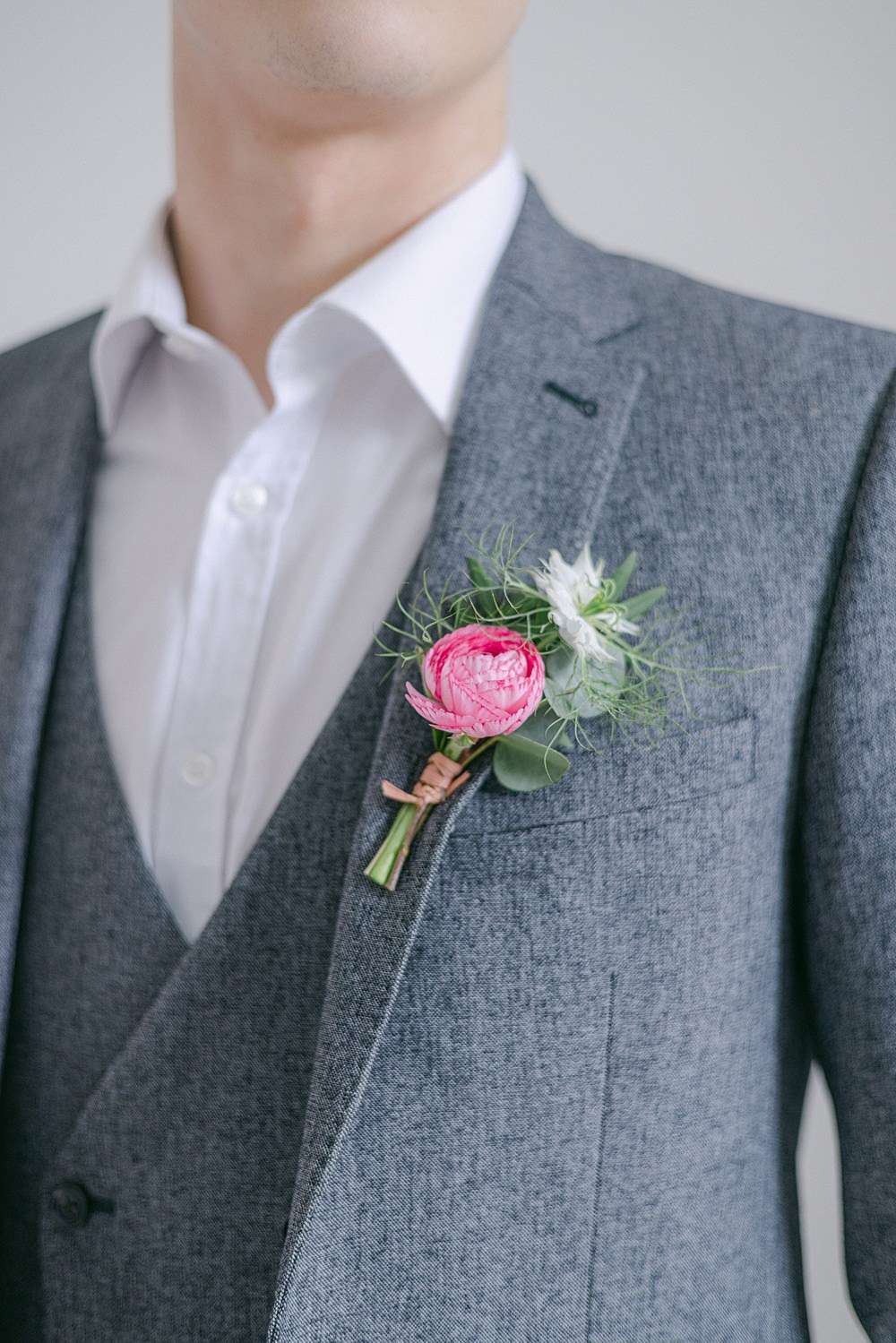 Groom Grey Suit Open Collar Buttonhole Flower Flixton House Wedding Karl Joane Photography