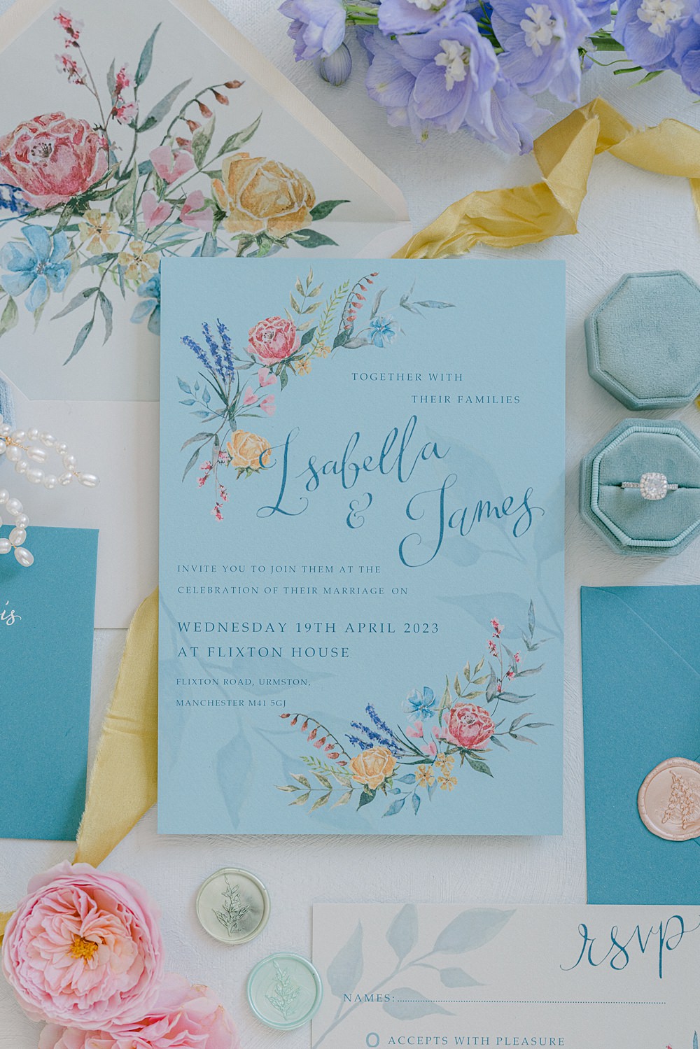 Blue Pink Floral Invite Suite Flixton House Wedding Karl Joane Photography