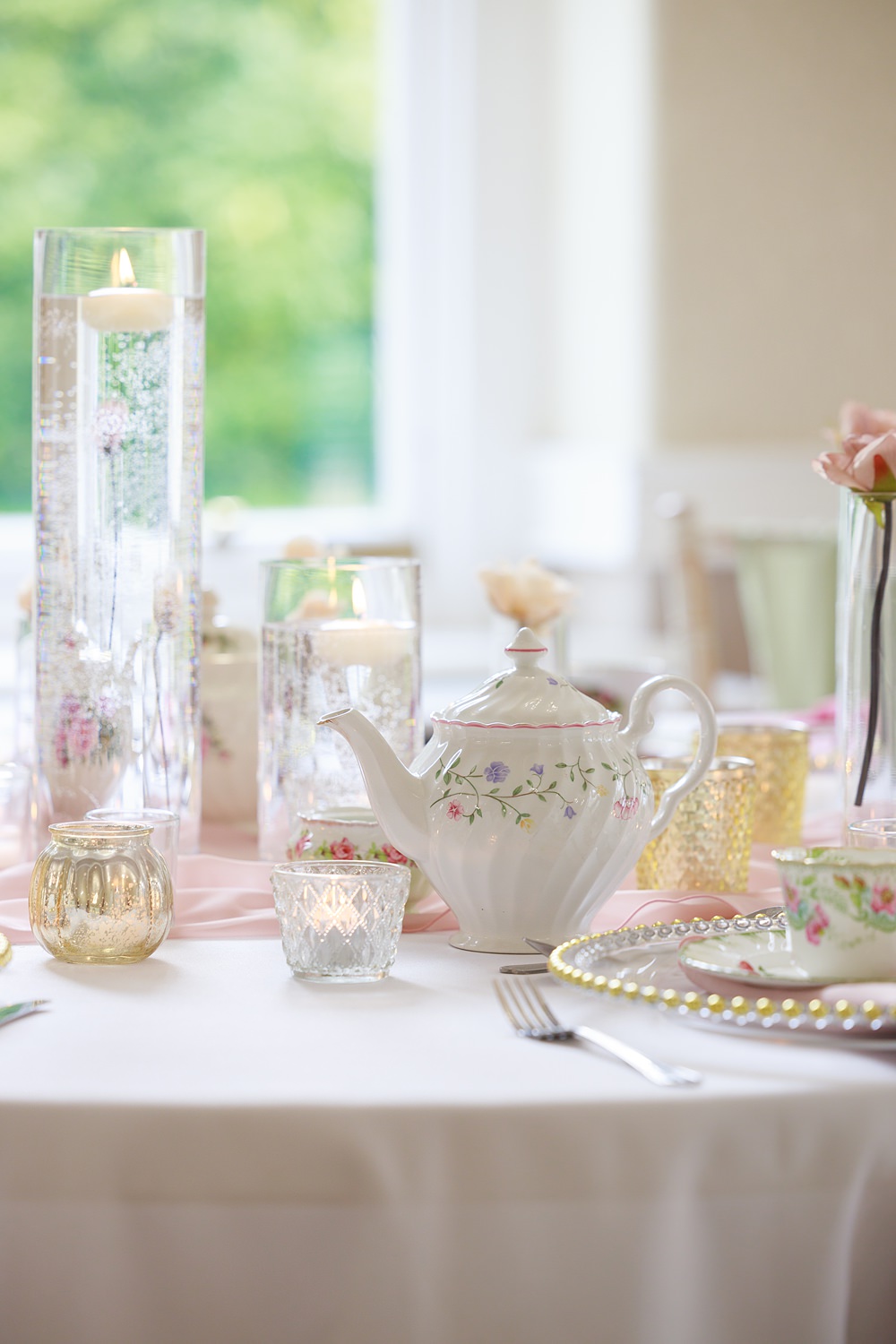 Floating Candle Table Teapot Flixton House Wedding Karl Joane Photography