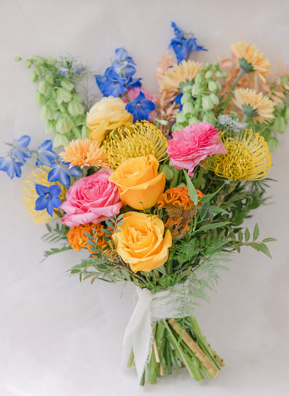 Colourful Bright Bouquet Bride Flowers Yellow Pink Blue Flixton House Wedding Karl Joane Photography