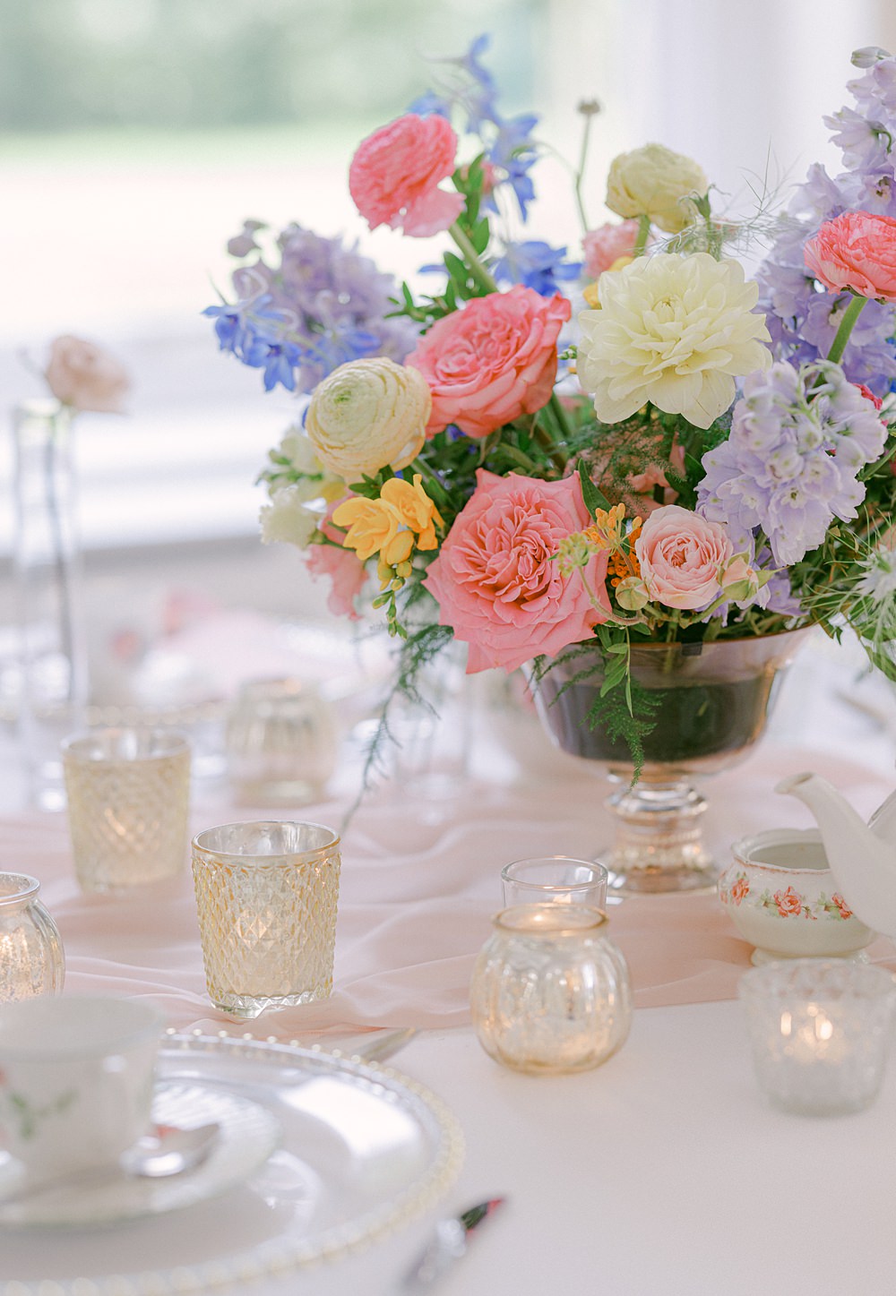 Centrepiece Flowers Decor Candles Round Table Flixton House Wedding Karl Joane Photography