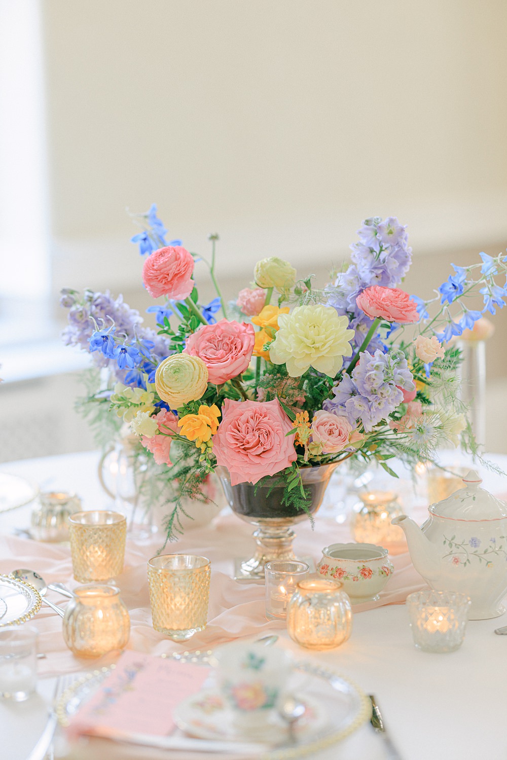 Centrepiece Flowers Decor Candles Round Table Flixton House Wedding Karl Joane Photography