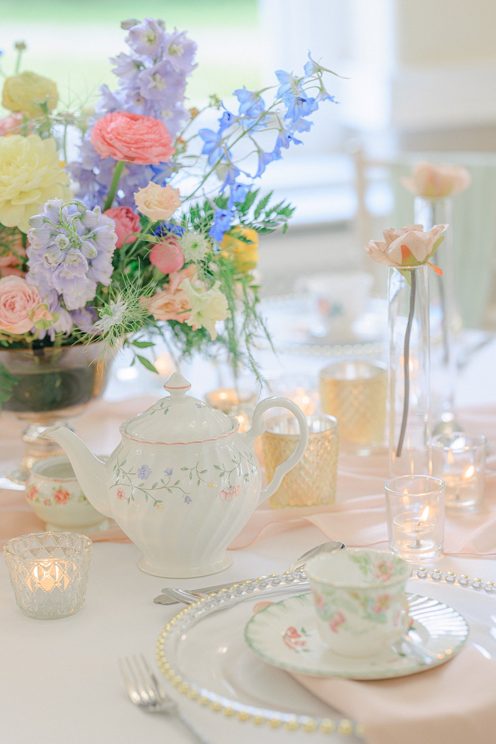 Centrepiece Flowers Decor Candles Round Table Teapot Flixton House Wedding Karl Joane Photography