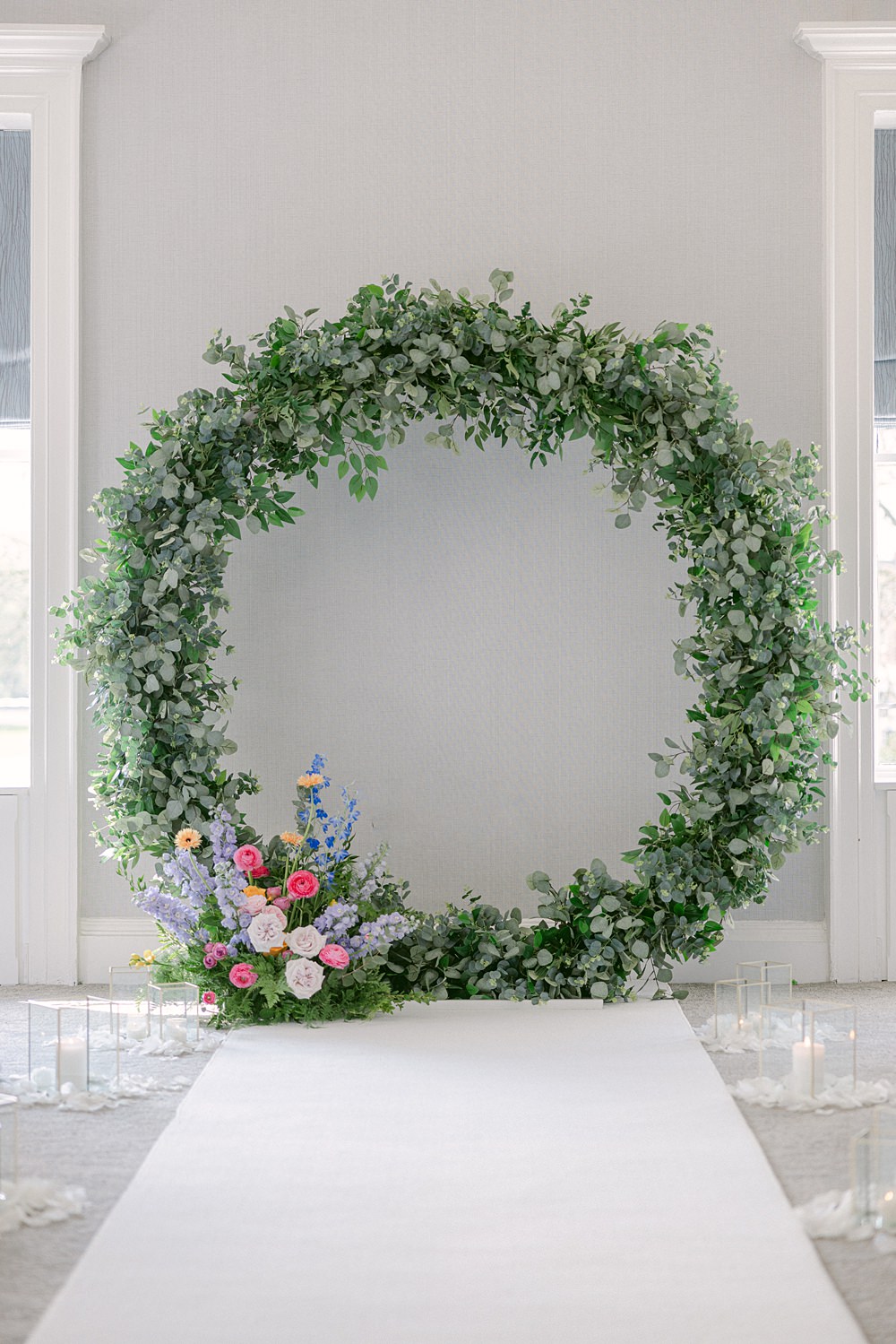 Greenery Hoop Arch Backdrop Ceremony Flixton House Wedding Karl Joane Photography