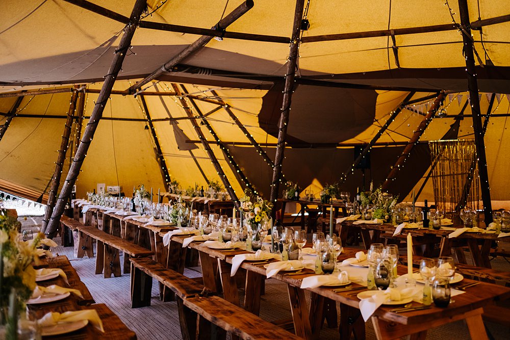 Tipi Reception Long Wooden Table Decor Green Yellow Wedding Kristian Leven Photography