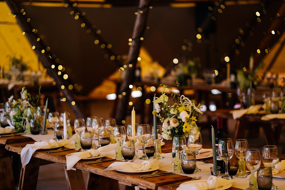 Tipi Reception Long Wooden Table Decor Green Yellow Wedding Kristian Leven Photography