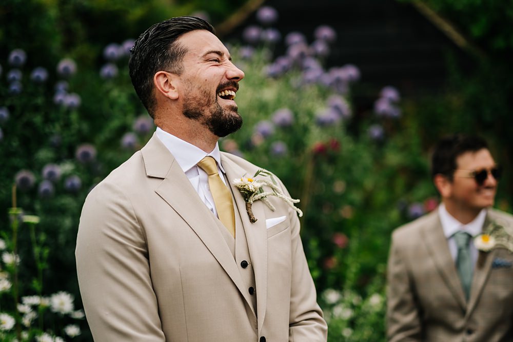 Groom Cream Suit Tie Green Yellow Wedding Kristian Leven Photography
