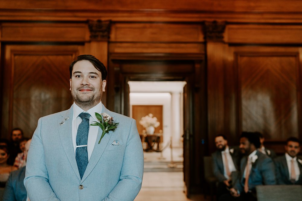 Heist Bank Wedding Gina Fernandes Photography Groom Pale Blue Grey Suit