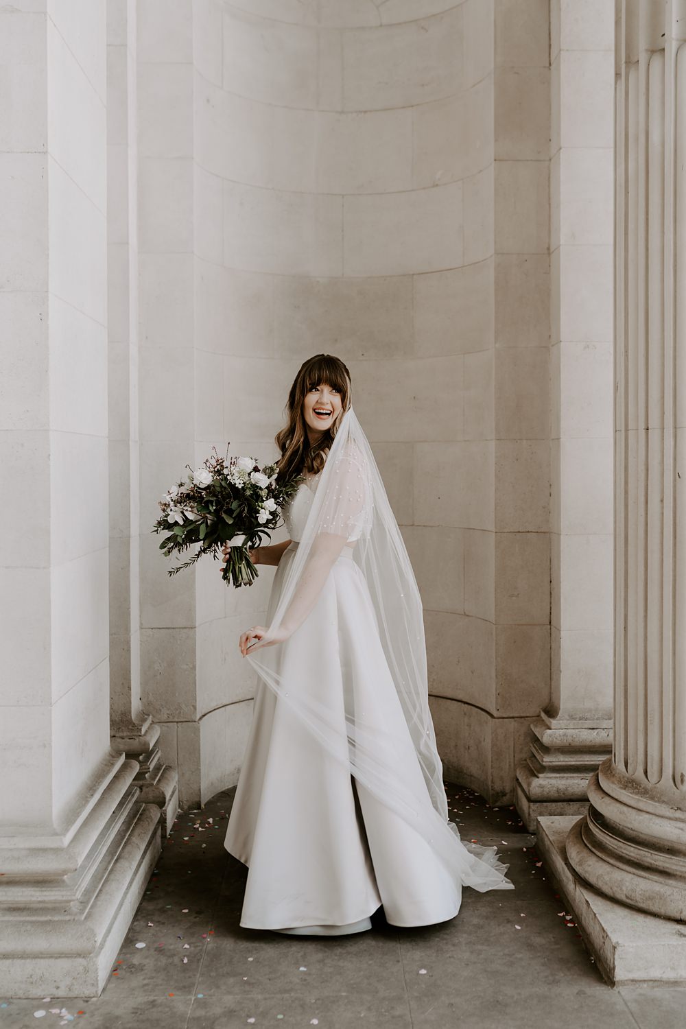 Skirt Top Bride Dress Veil Heist Bank Wedding Gina Fernandes Photography