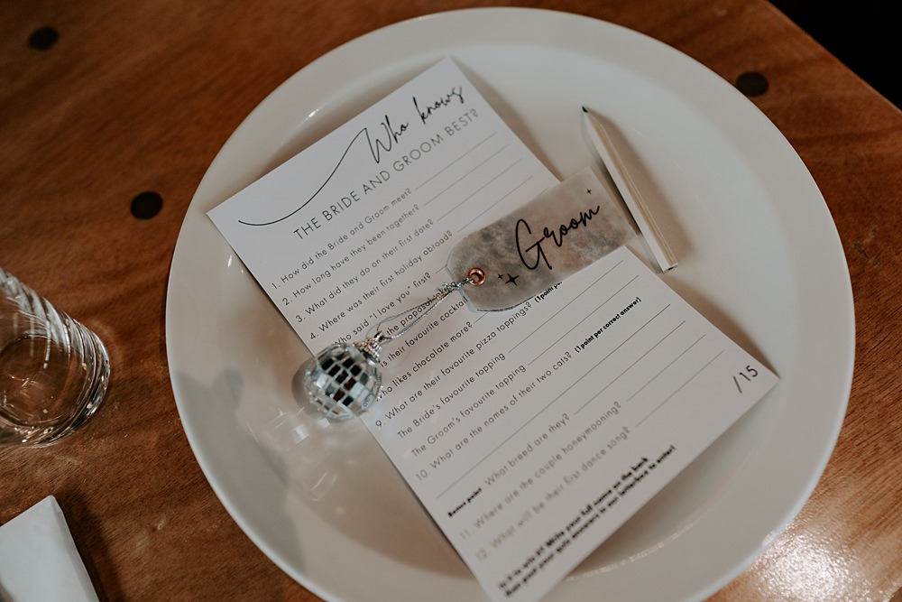 Disco Ball Place Setting Name Favour Quiz Heist Bank Wedding Gina Fernandes Photography
