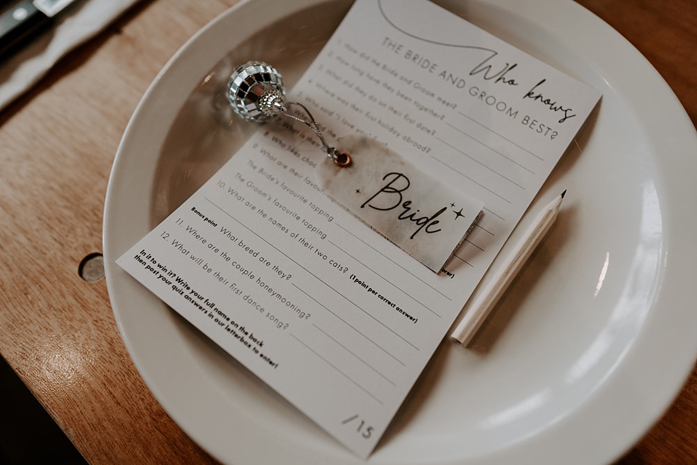 Disco Ball Place Setting Name Favour Quiz Heist Bank Wedding Gina Fernandes Photography