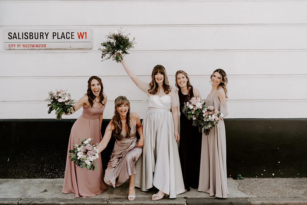 Long Satin Bridesmaid Dresses Pink Taupe Heist Bank Wedding Gina Fernandes Photography