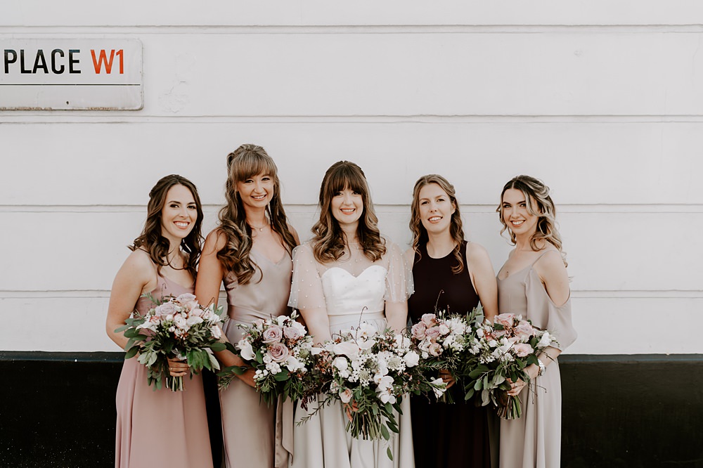 Long Satin Bridesmaid Dresses Pink Taupe Heist Bank Wedding Gina Fernandes Photography