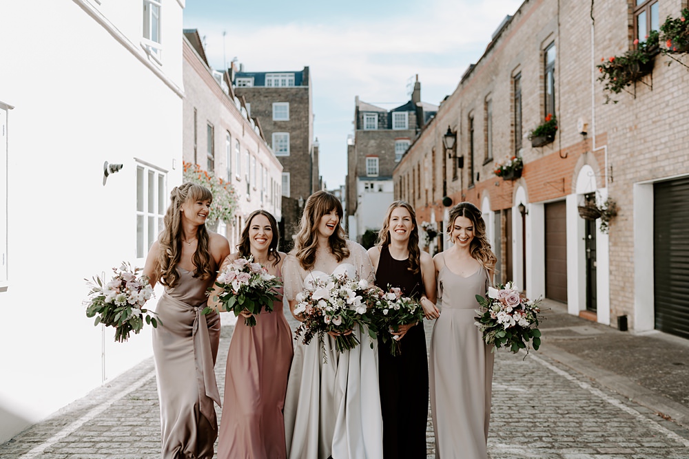 Long Satin Bridesmaid Dresses Pink Taupe Heist Bank Wedding Gina Fernandes Photography