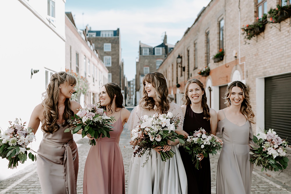Long Satin Bridesmaid Dresses Pink Taupe Heist Bank Wedding Gina Fernandes Photography