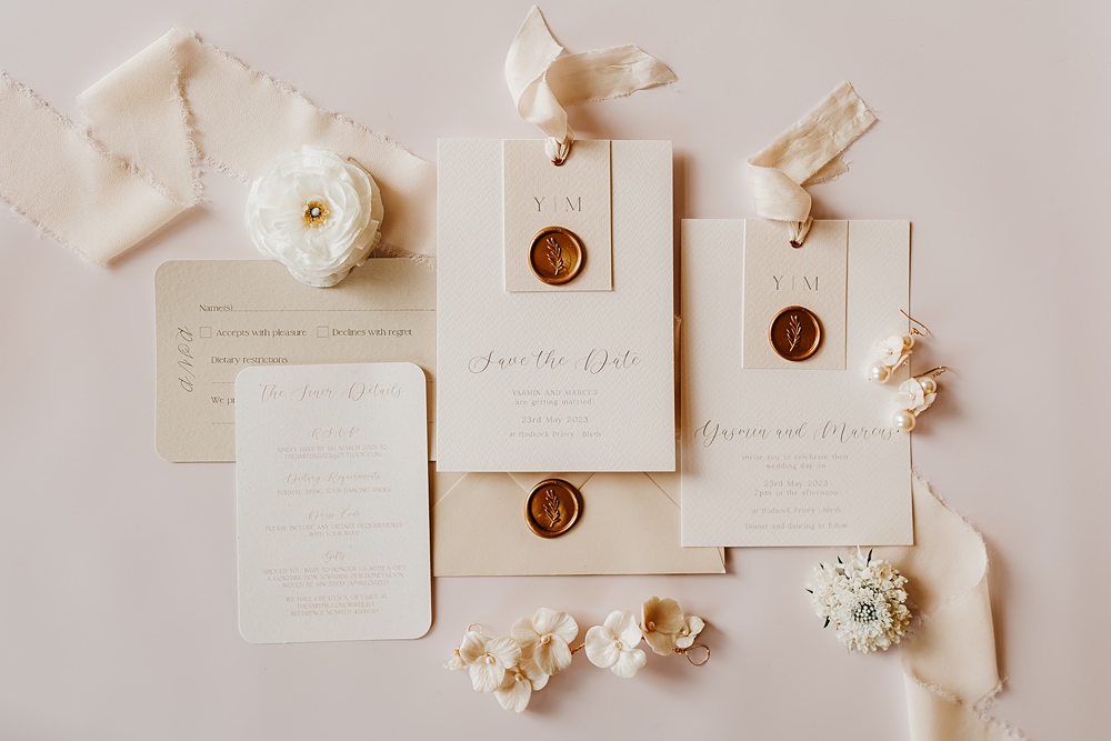 Hodsock Priory Wedding Gabrielas Photography and Film Cream White Stationery Invite Ribbon Wax Seal