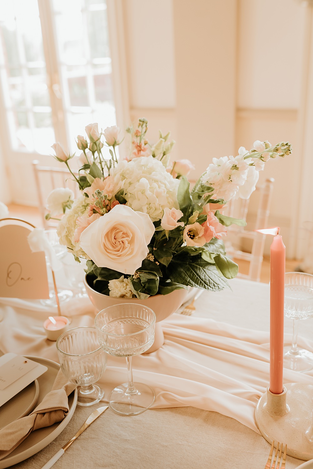 Centrepiece Table Flowers Urn Cream Peach Hodsock Priory Wedding Gabrielas Photography and Film