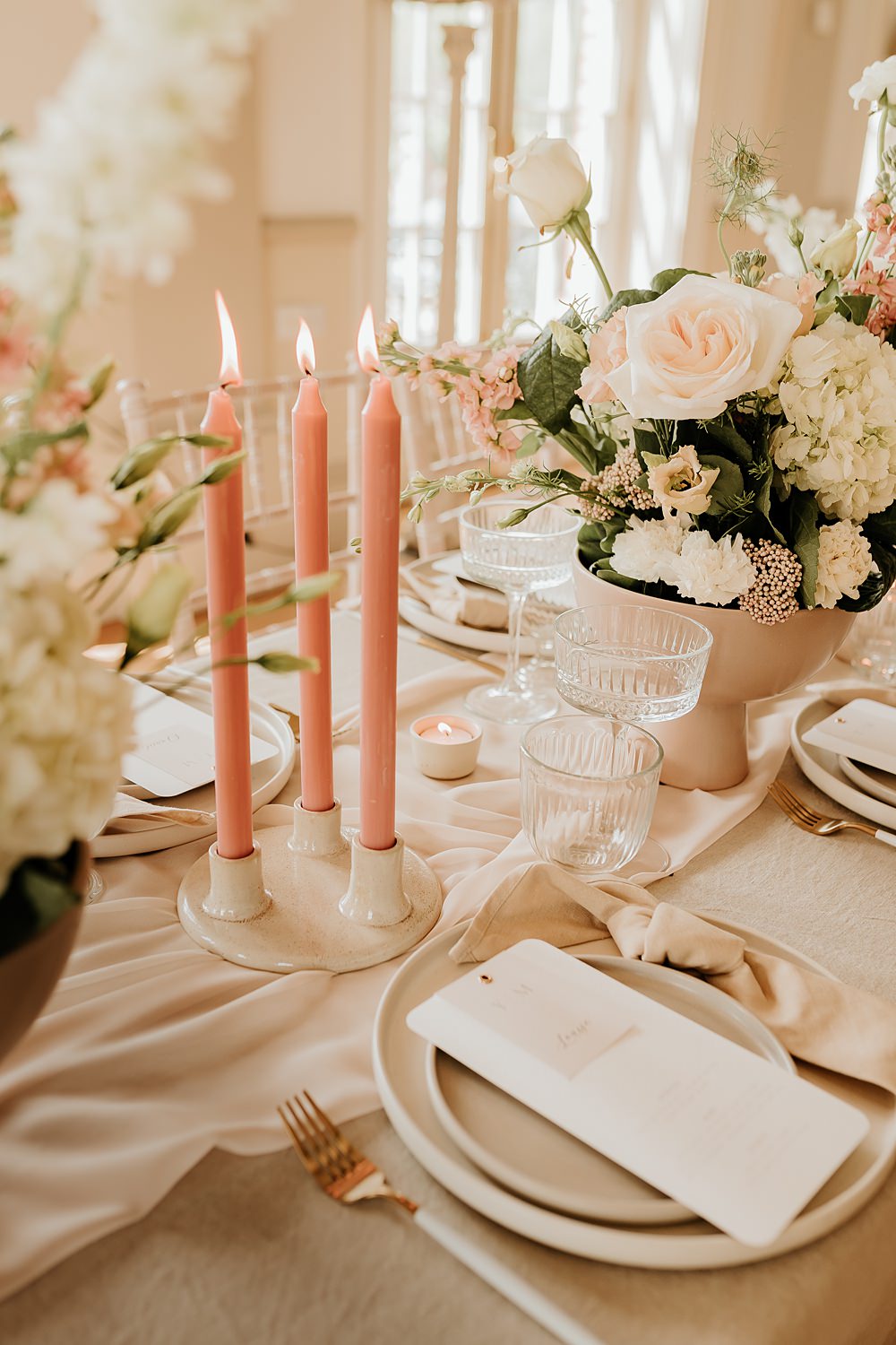 Peach Candles Table Decor Hodsock Priory Wedding Gabrielas Photography and Film