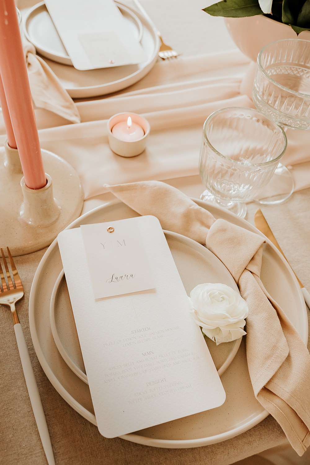 Place Setting Menu Cream Neutral Napkin Decor Hodsock Priory Wedding Gabrielas Photography and Film