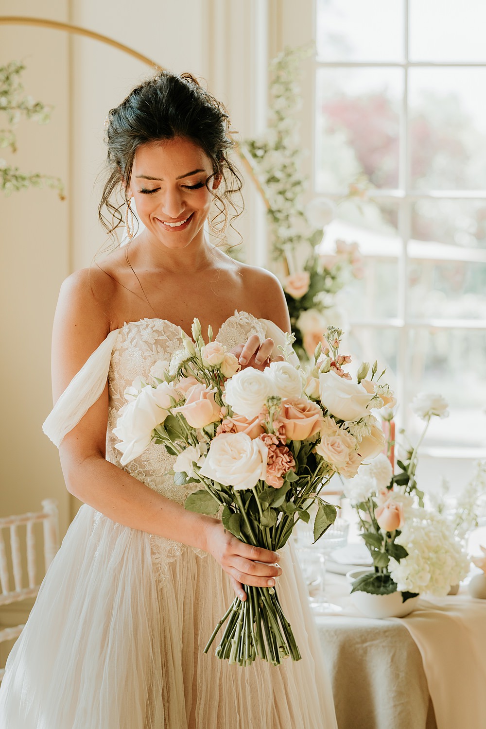 Peach White Cream Bouquet Flowers Bride Hodsock Priory Wedding Gabrielas Photography and Film