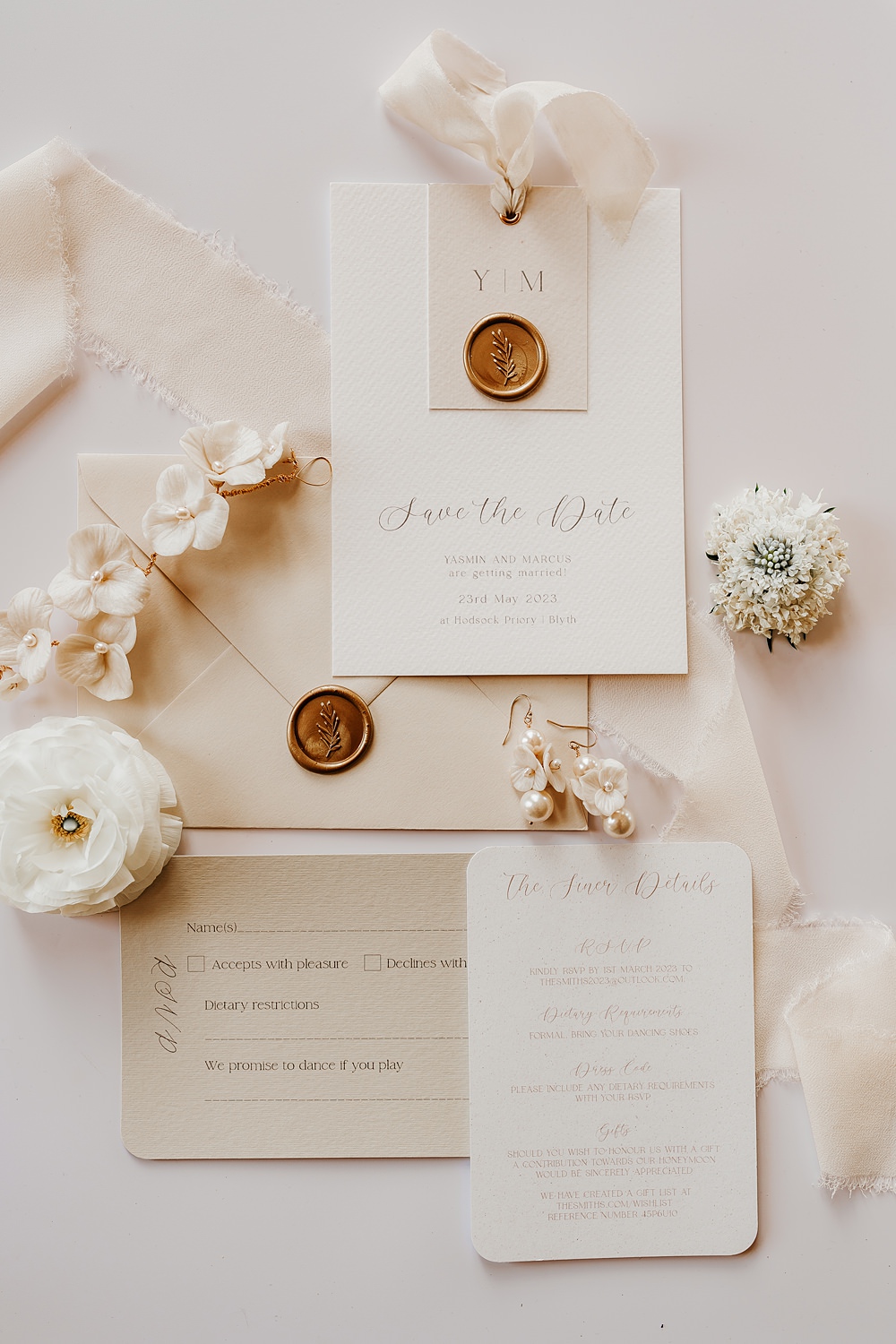 Cream White Stationery Invite Ribbon Wax Seal Hodsock Priory Wedding Gabrielas Photography and Film