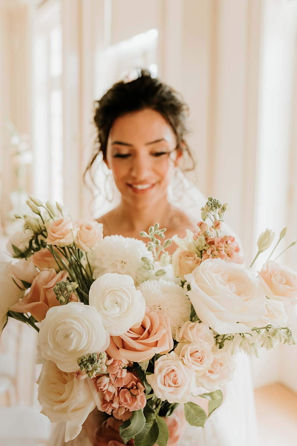 Peach White Cream Bouquet Flowers Bride Hodsock Priory Wedding Gabrielas Photography and Film