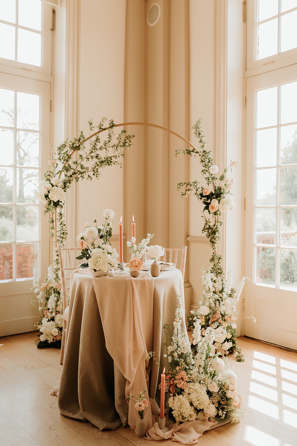 Sweetheart Table Decor Flower Arc Hodsock Priory Wedding Gabrielas Photography and Film