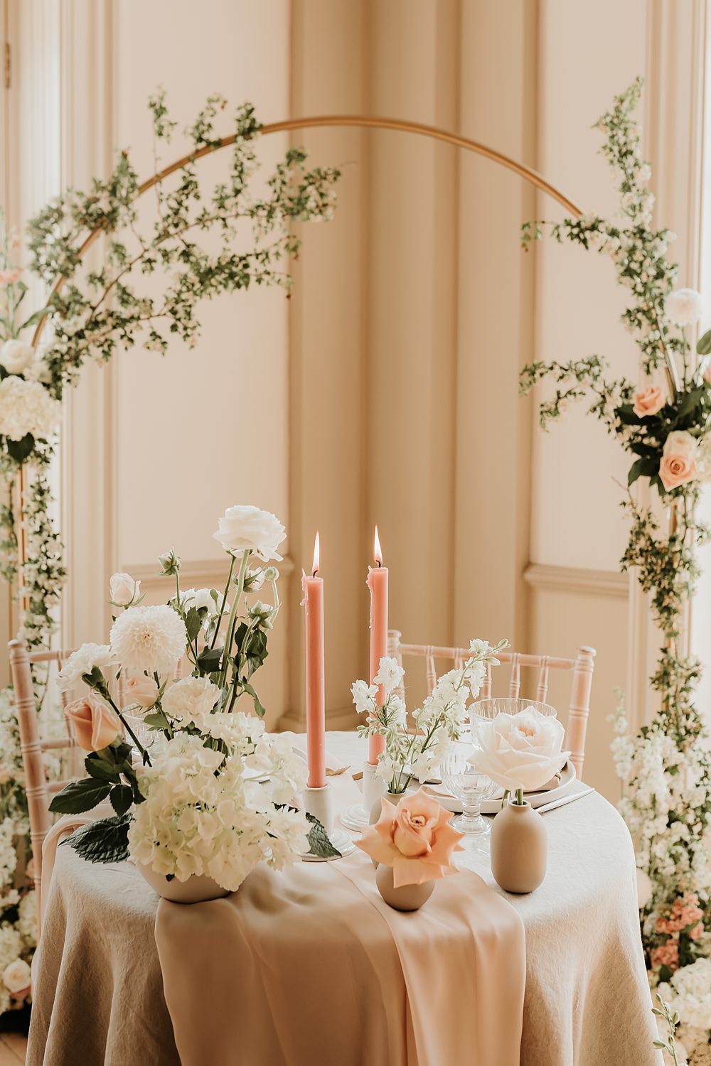 Sweetheart Table Decor Flower Arc Hodsock Priory Wedding Gabrielas Photography and Film