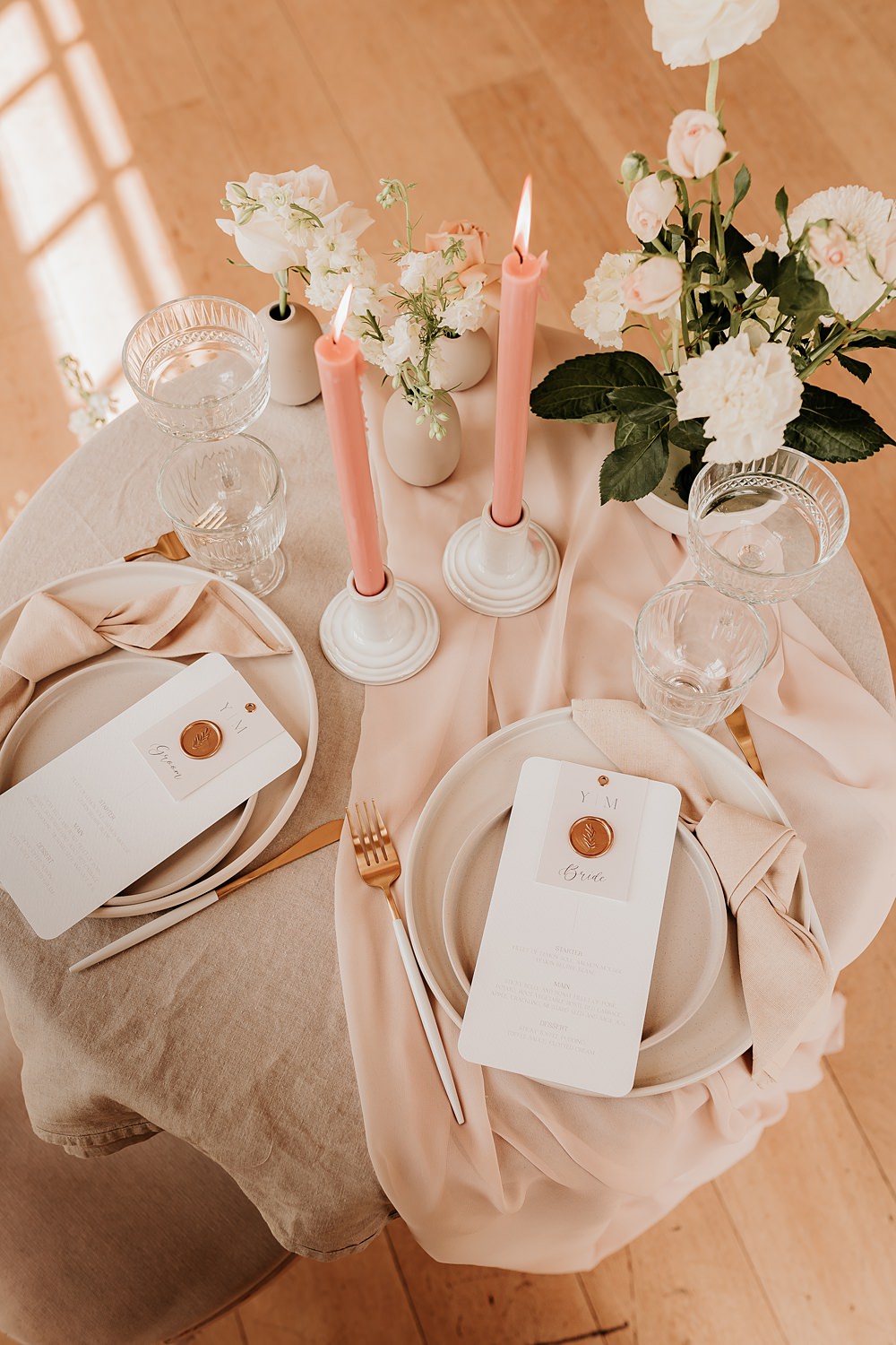 Sweetheart Table Decor Place Setting Menu Cream Neutral Napkin Decor Hodsock Priory Wedding Gabrielas Photography and Film