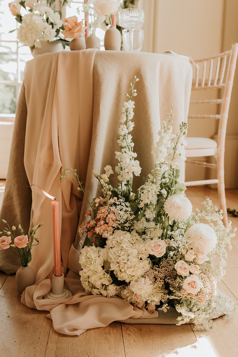 Meadow Floor Flowers White Peach Hodsock Priory Wedding Gabrielas Photography and Film