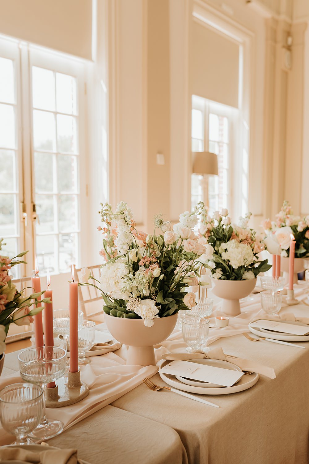 Centrepiece Table Flowers Urn Cream Peach Hodsock Priory Wedding Gabrielas Photography and Film