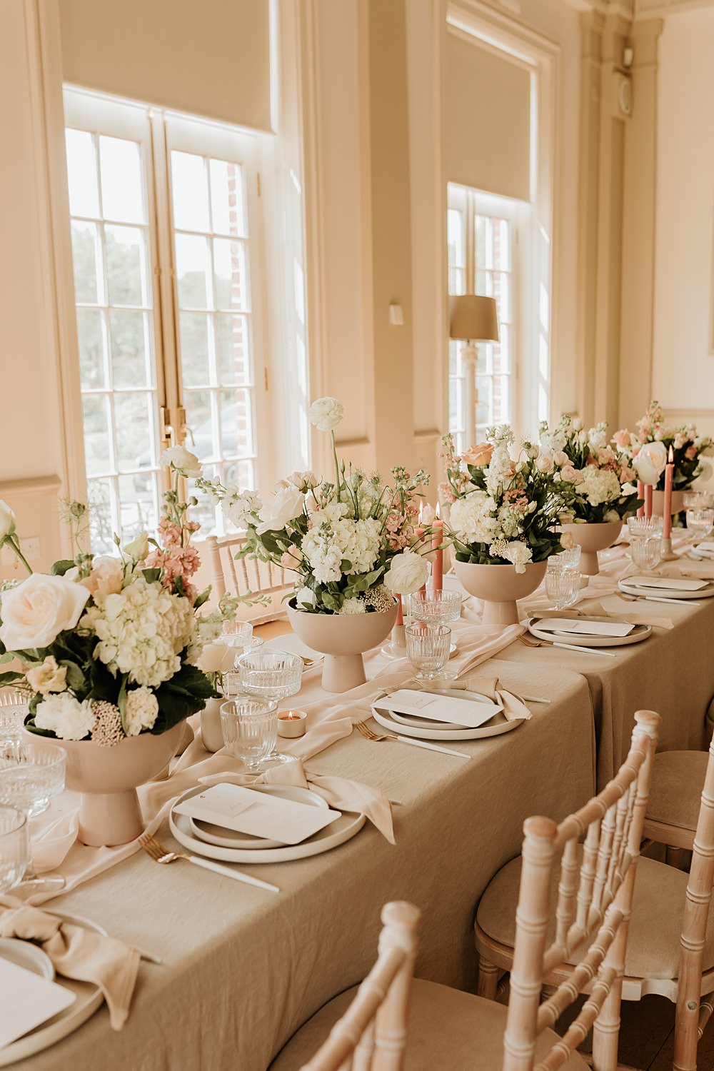 Centrepiece Table Flowers Urn Cream Peach Hodsock Priory Wedding Gabrielas Photography and Film