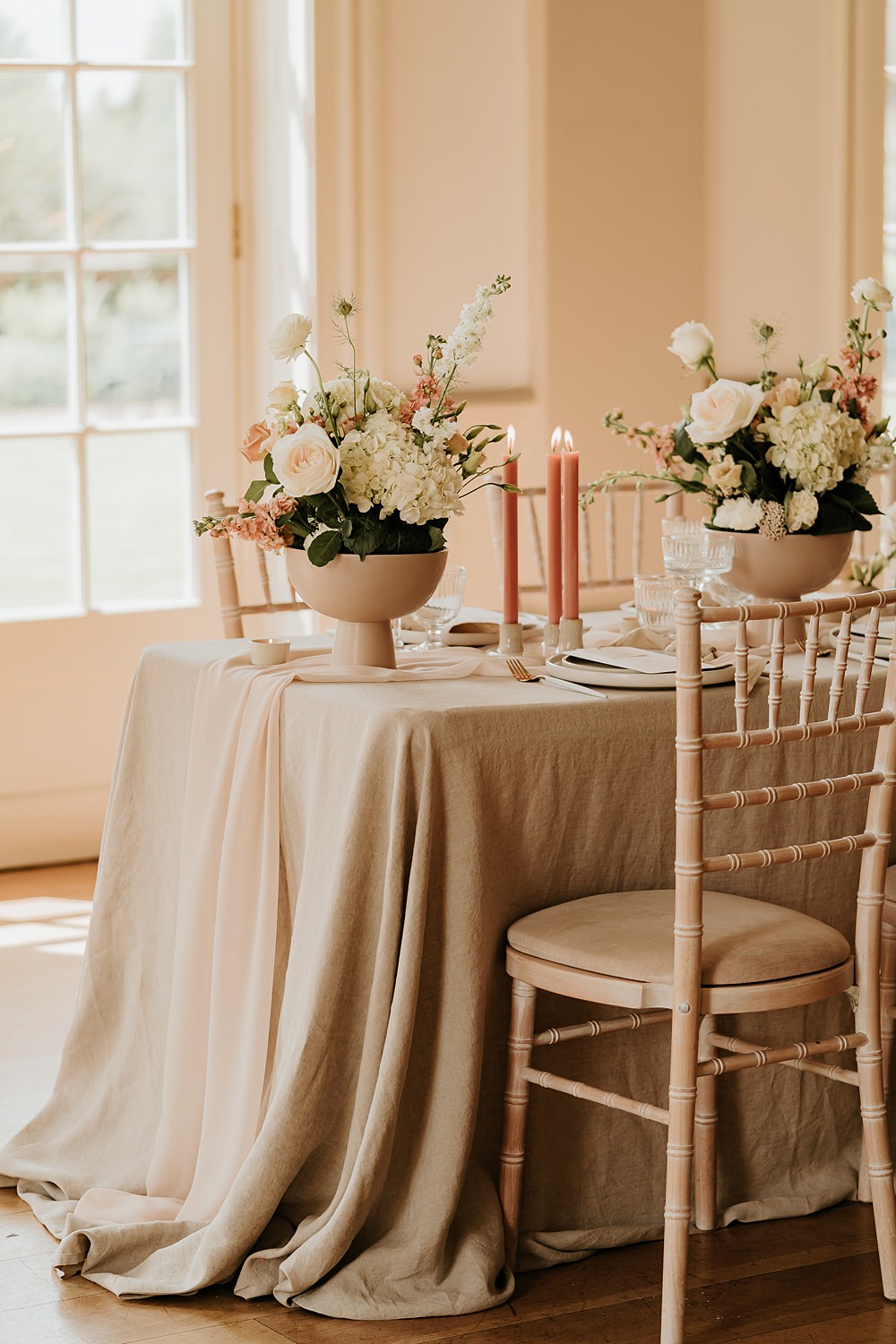 Centrepiece Table Flowers Urn Cream Peach Cloth Runner Hodsock Priory Wedding Gabrielas Photography and Film