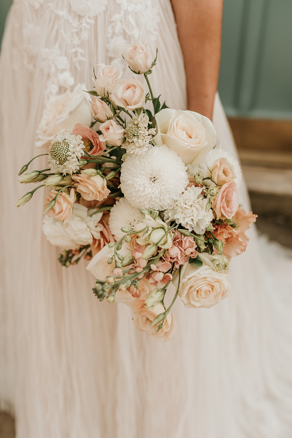 Peach White Cream Bouquet Flowers Bride Hodsock Priory Wedding Gabrielas Photography and Film