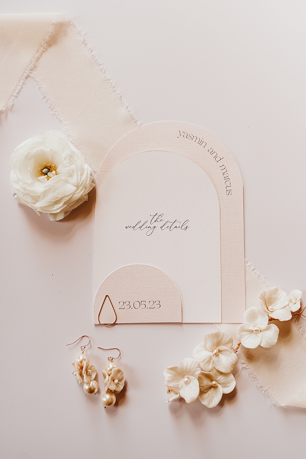 Cream White Stationery Invite Ribbon Curve Hodsock Priory Wedding Gabrielas Photography and Film