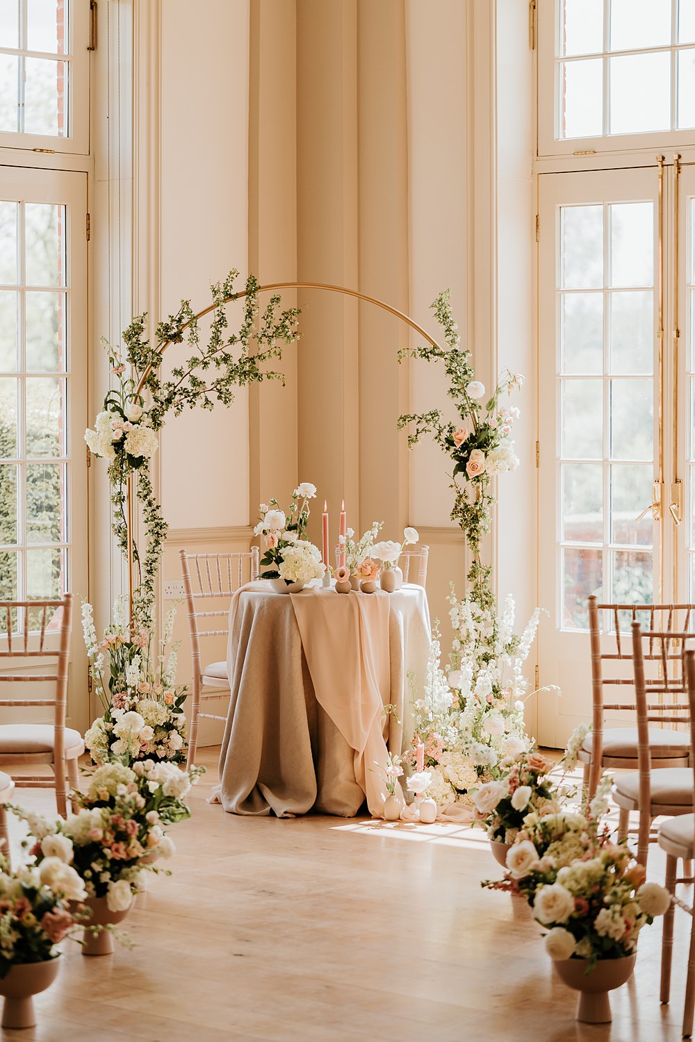 Ceremony Aisle Flowers Urn Cream Peach Hodsock Priory Wedding Gabrielas Photography and Film