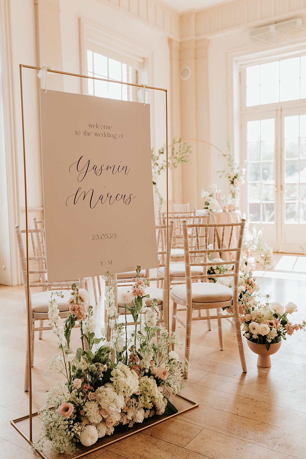 Welcome Sign Meadow Flowers Hodsock Priory Wedding Gabrielas Photography and Film