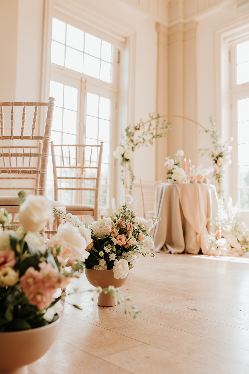 Aisle Ceremony Flowers Urn Cream Peach Hodsock Priory Wedding Gabrielas Photography and Film