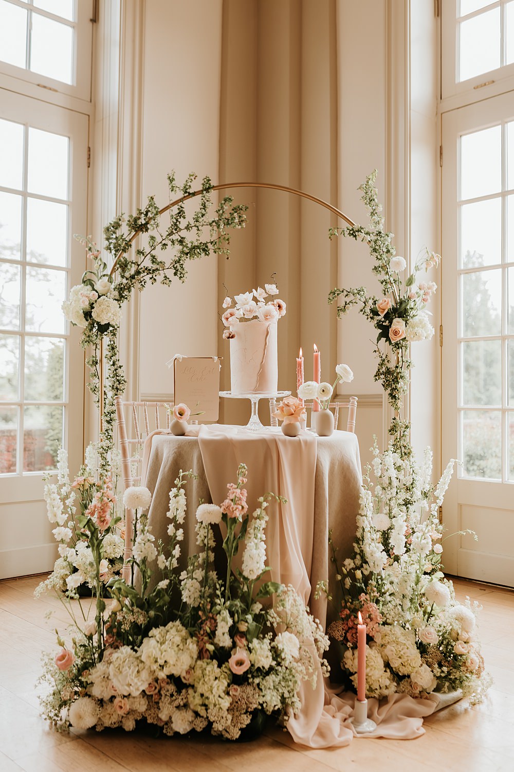 Cake Table Decor Flower Arch Hodsock Priory Wedding Gabrielas Photography and Film