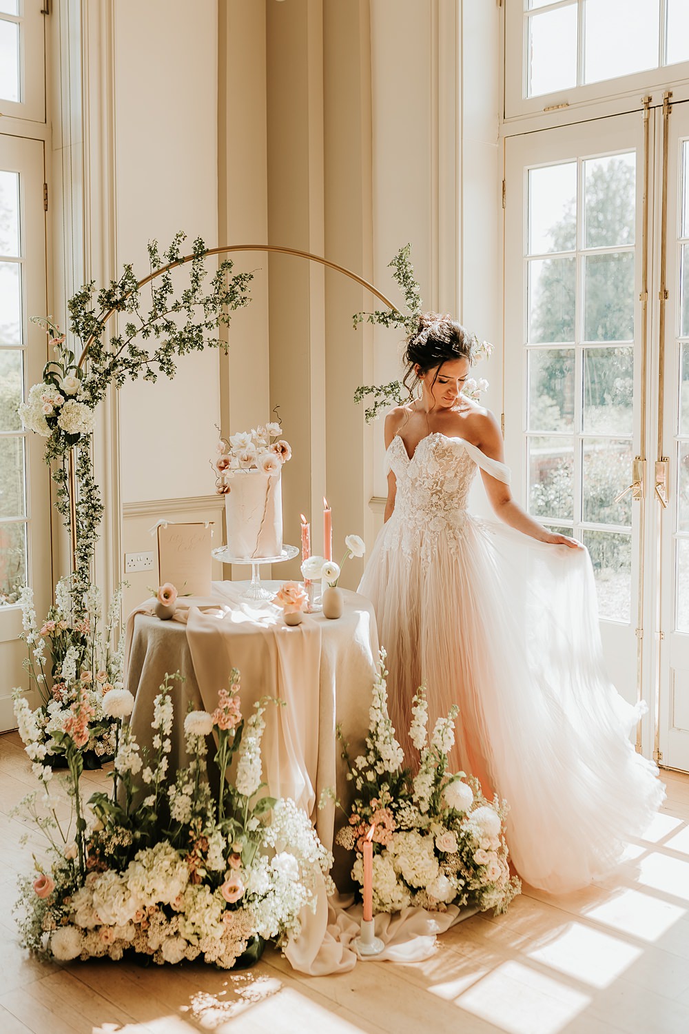 Cake Table Decor Flower Arch Hodsock Priory Wedding Gabrielas Photography and Film