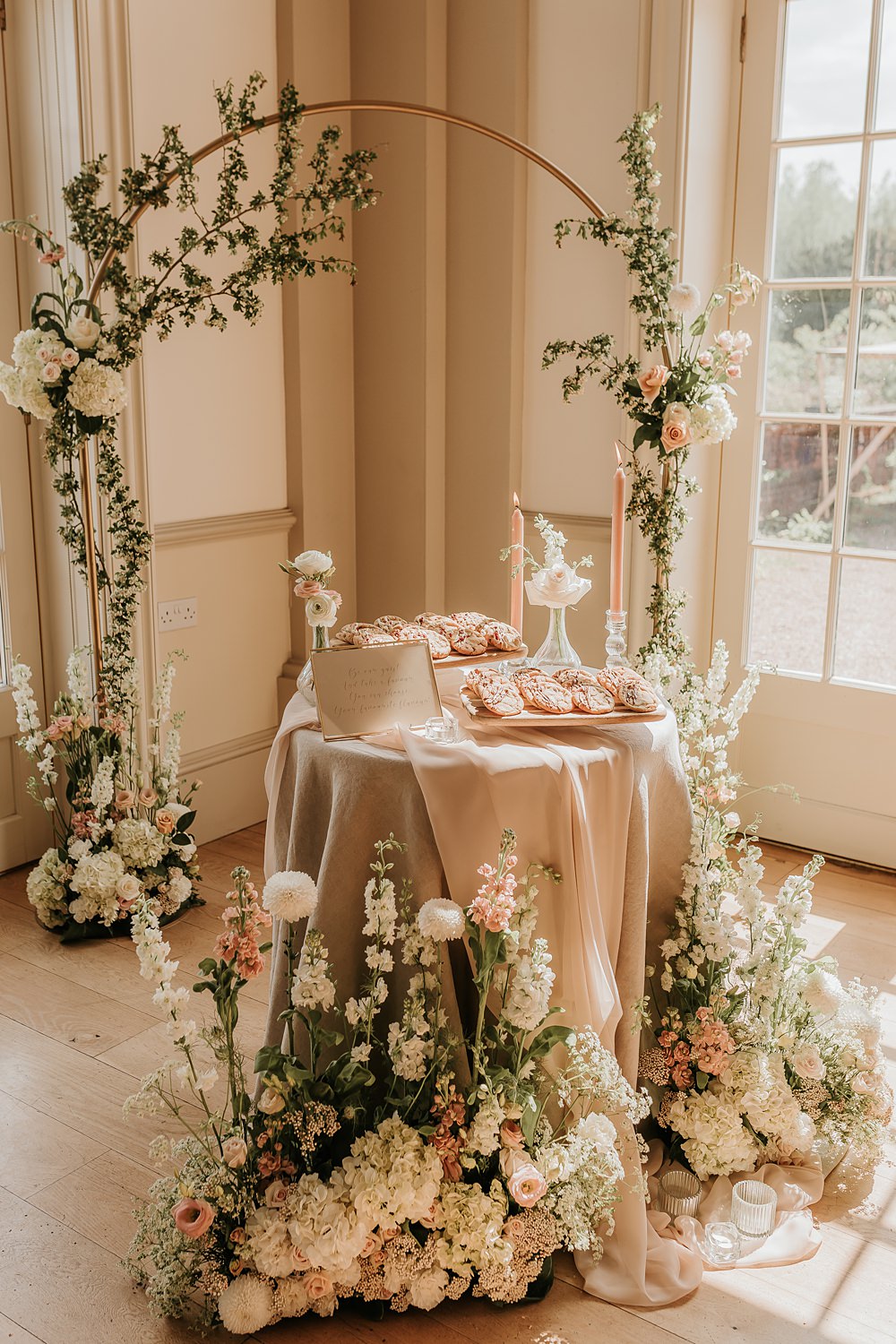 Dessert Table Decor Flower Arch Hodsock Priory Wedding Gabrielas Photography and Film