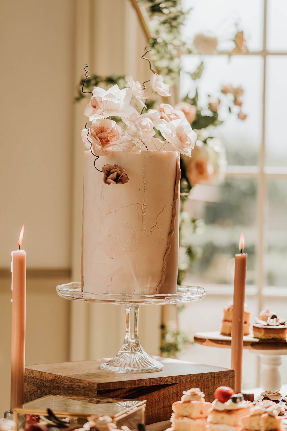 Blush Single Tier Cake Flowers Hodsock Priory Wedding Gabrielas Photography and Film