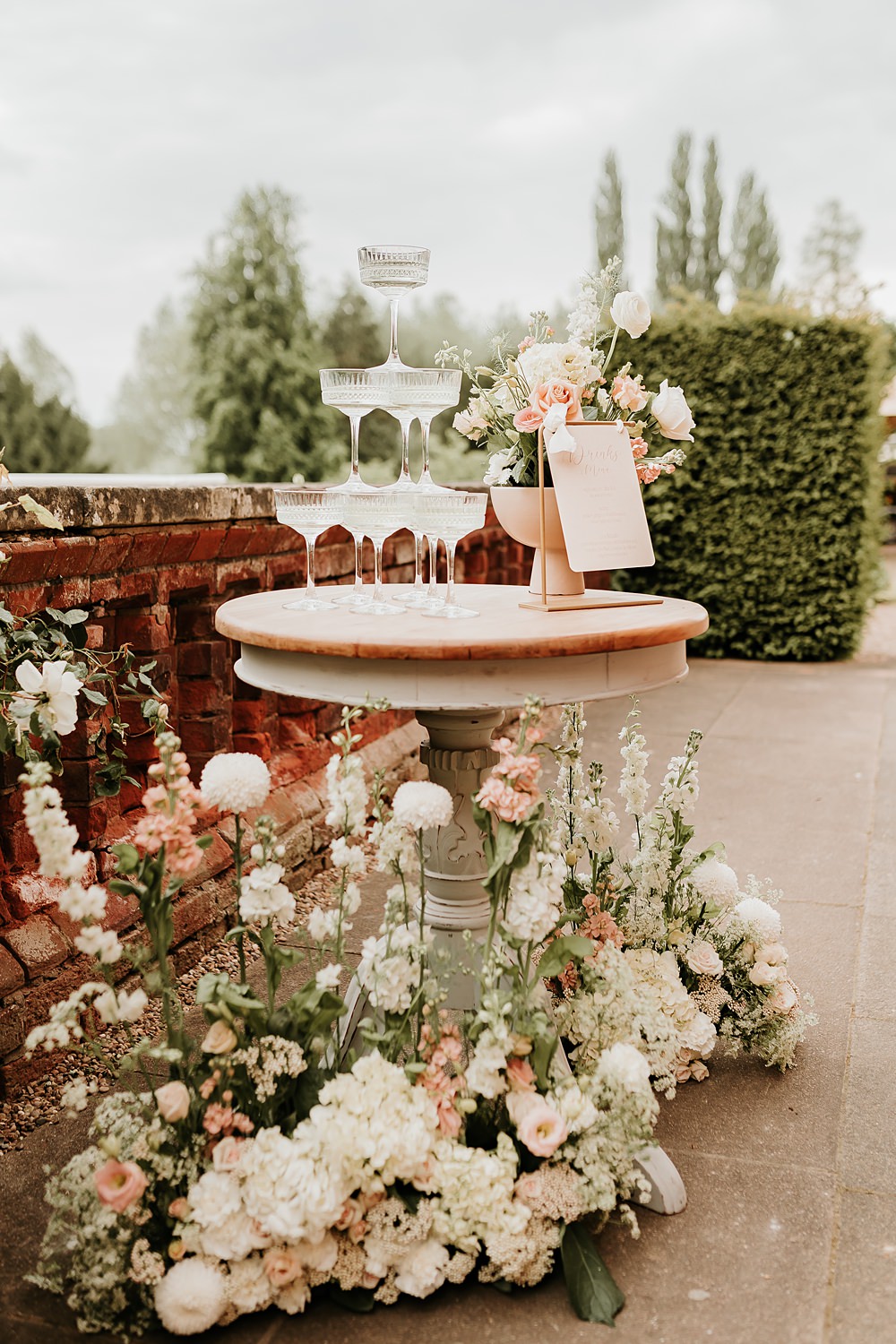 Champagne Tower Drink Table Flowers Hodsock Priory Wedding Gabrielas Photography and Film