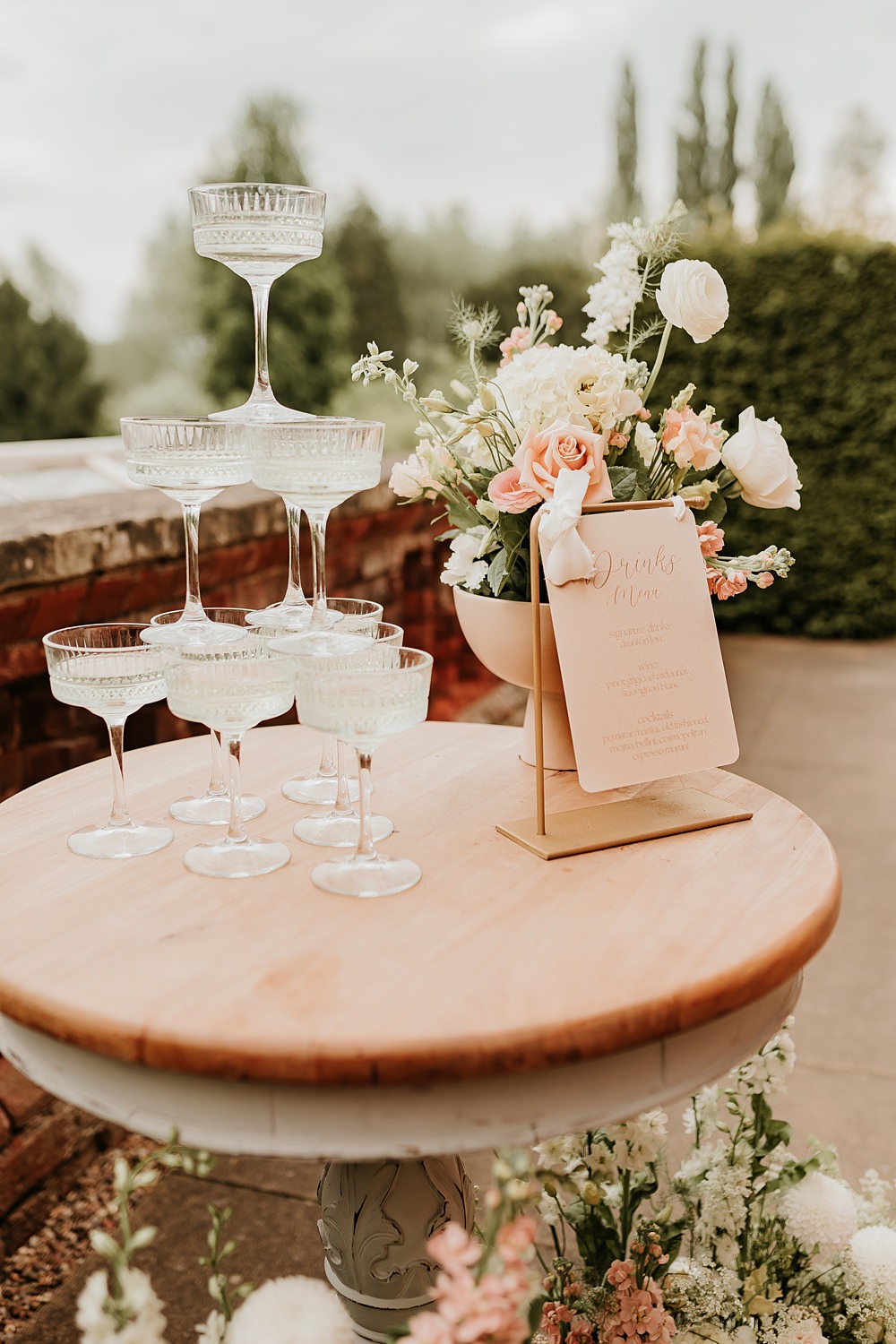 Champagne Tower Drink Table Flowers Hodsock Priory Wedding Gabrielas Photography and Film